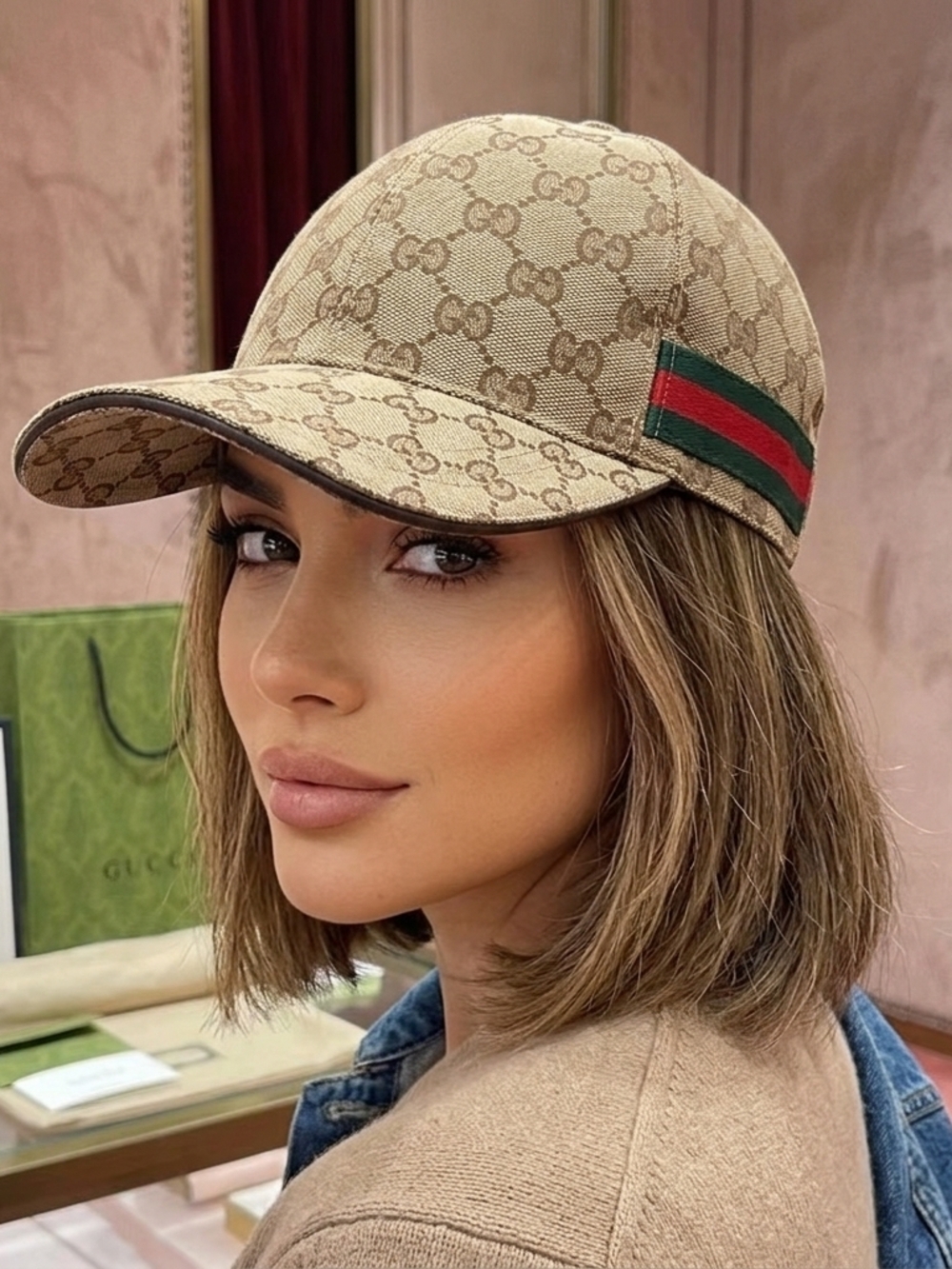 Gucci Beige GG Canvas Baseball Cap with Green-Red Web